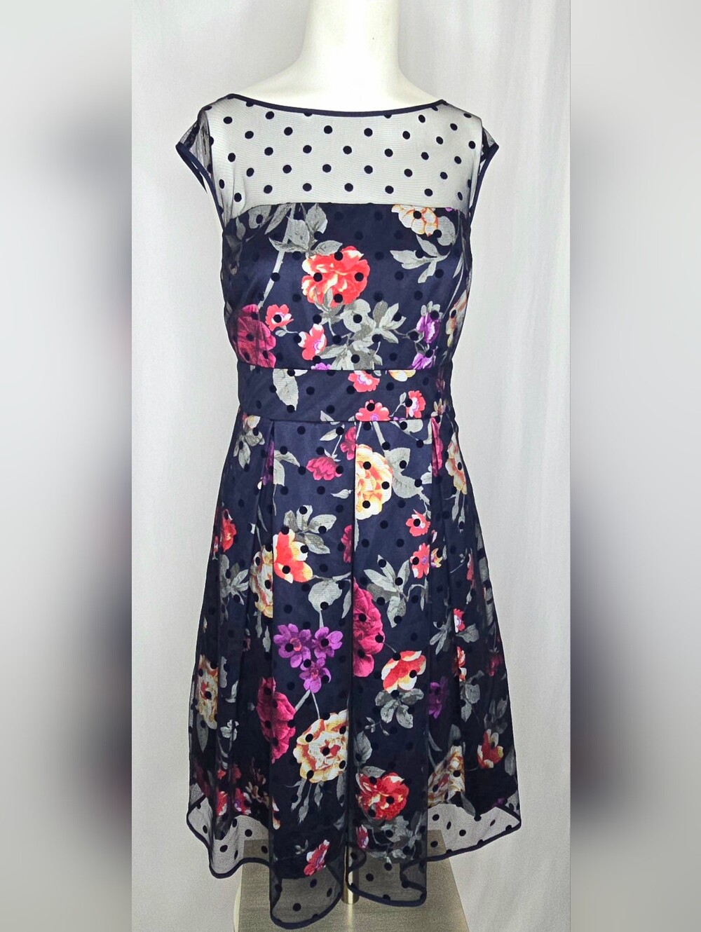 Eliza J Floral Polka Dot Illusion Dress Formal Wedding Guest Dress 8 NWOT